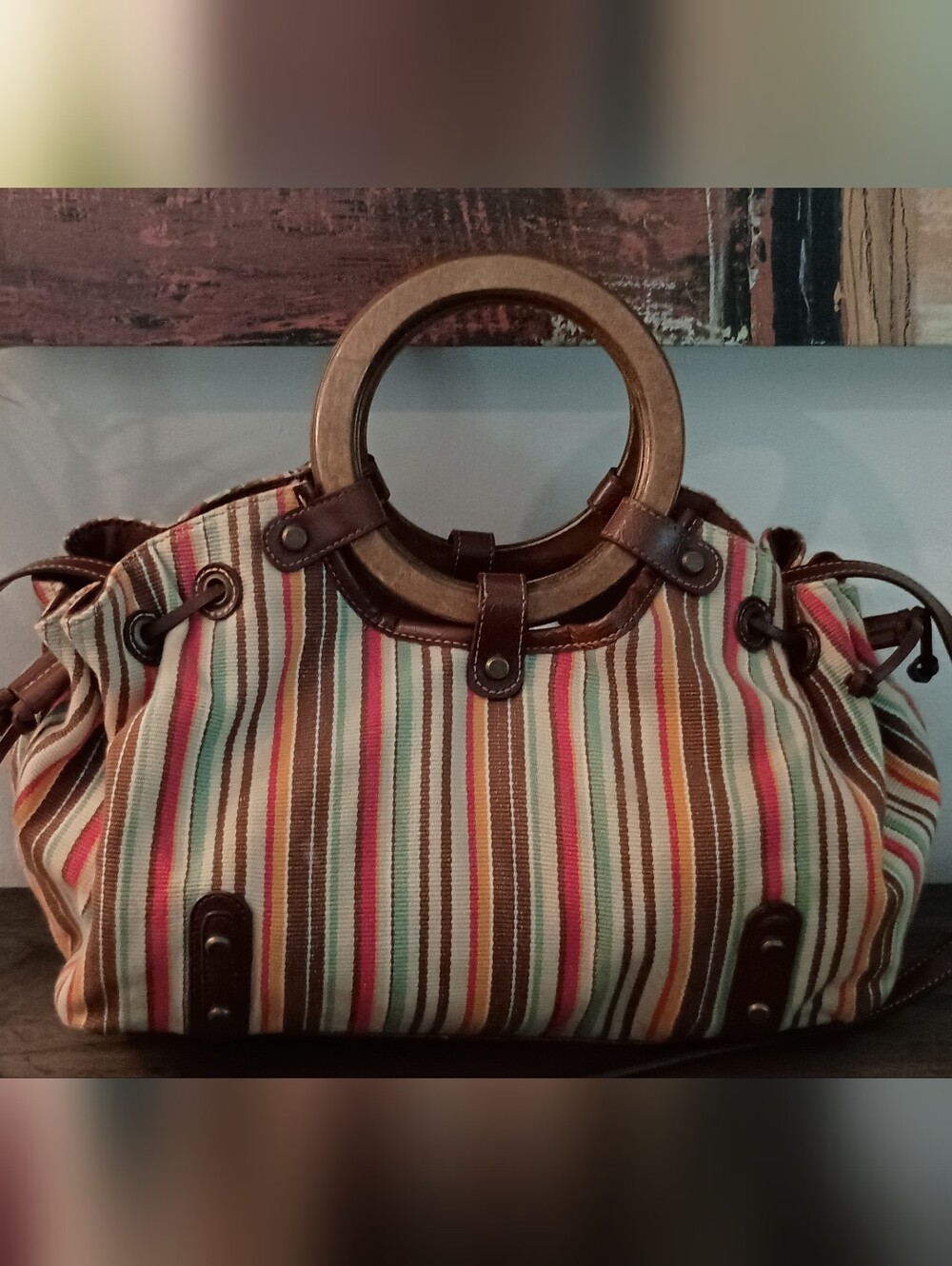 Striped Canvas Tote Bag with Wooden Handlesand Shoulder Strap - Multicolor